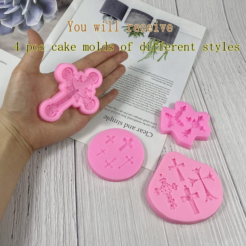 ZYOUNG 4 Pcs Small Chocolate Molds Baptism Cake Decorations Cross Cake Candy Mold,Fondant Polymer Clay Mold - Image 2