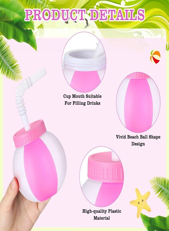 Skyley 12 Pcs 14 oz Christmas Summer Beach Ball Cups with Straw and Lid Pink White Plastic Ball Sipper Cups Bulk Reusable for Summer Pool Drinking Beach Party Supplies Friendmas White Elephant Gifts - Image 2