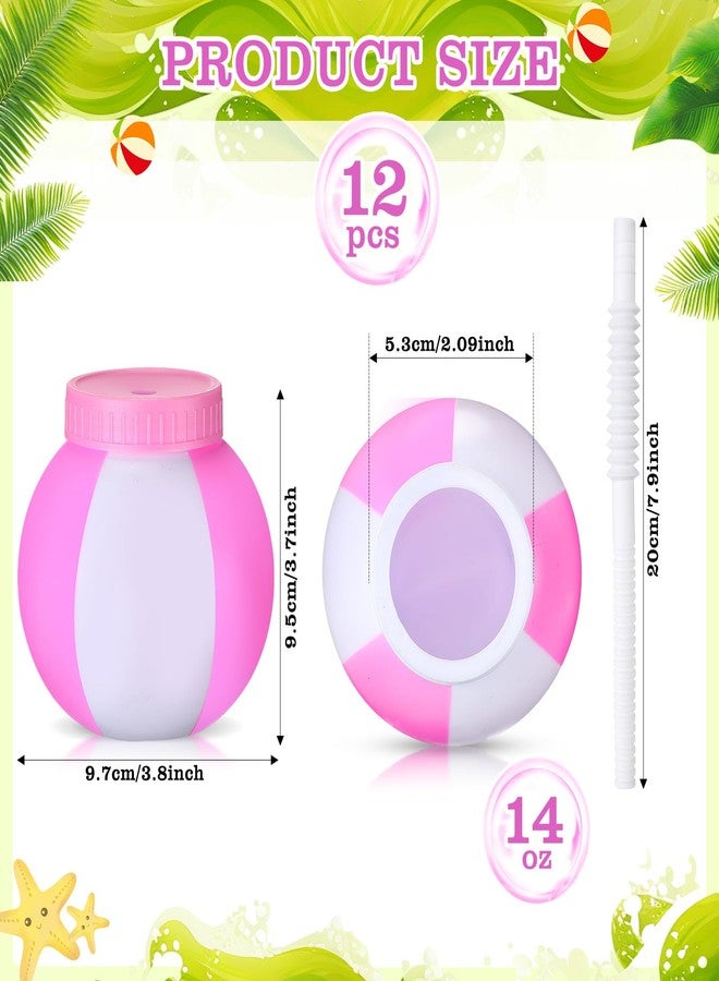 Skyley 12 Pcs 14 oz Christmas Summer Beach Ball Cups with Straw and Lid Pink White Plastic Ball Sipper Cups Bulk Reusable for Summer Pool Drinking Beach Party Supplies Friendmas White Elephant Gifts - Image 3