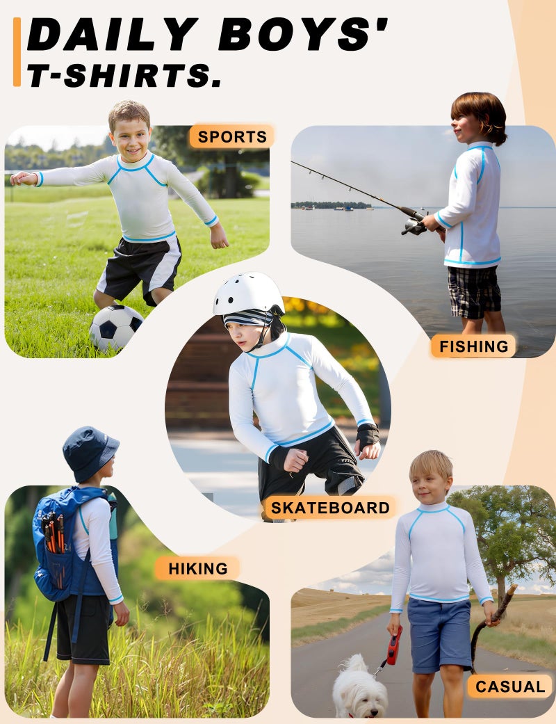 BIGANT Boys Rash Guard Swim Shirt Long Sleeve UPF 50+ Rashguard Quick Dry Kids Youth Fishing Water Sun UV SPF Swimwear Tops(White,10-12Y) - Image 4