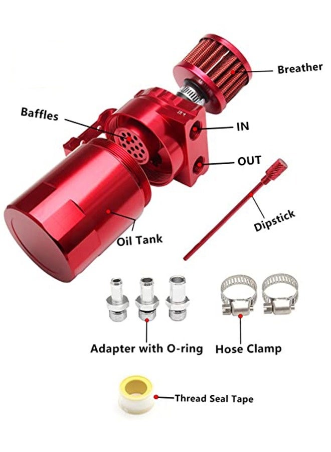Topleo Universal Aluminum Baffled Reservoir Oil Catch Can Kit with Breather Filter, 2 Port Engine Air Oil Separator Tank 300ml Capacity Red - Image 2
