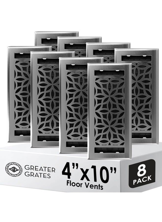 GREATER GRATES Floor Register 4x10 Vent Cover – 8 Pack – Heavy-Duty Steel, Rustproof & Walkable Grates, Easy Drop-in Install, Adjustable Air Supply Switch - Decorative Floral Design, Brushed Nickel - Image 1