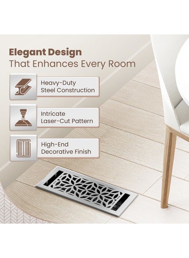 GREATER GRATES Floor Register 4x10 Vent Cover – 8 Pack – Heavy-Duty Steel, Rustproof & Walkable Grates, Easy Drop-in Install, Adjustable Air Supply Switch - Decorative Floral Design, Brushed Nickel - Image 3