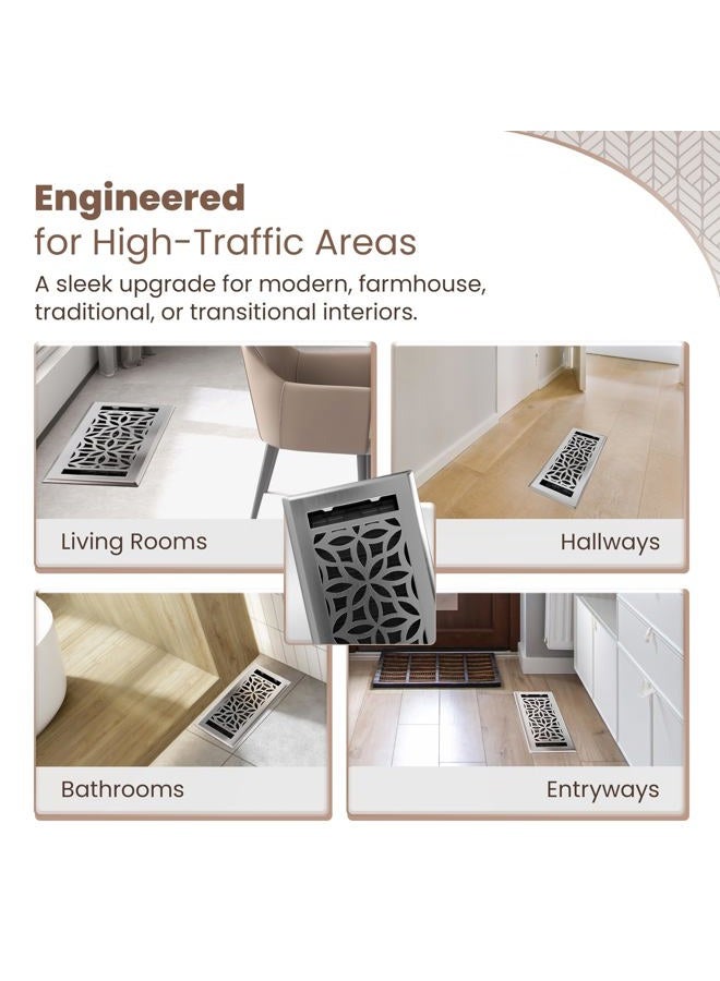 GREATER GRATES Floor Register 4x10 Vent Cover – 8 Pack – Heavy-Duty Steel, Rustproof & Walkable Grates, Easy Drop-in Install, Adjustable Air Supply Switch - Decorative Floral Design, Brushed Nickel - Image 2