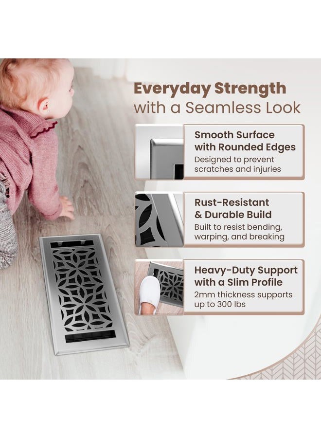 GREATER GRATES Floor Register 4x10 Vent Cover – 8 Pack – Heavy-Duty Steel, Rustproof & Walkable Grates, Easy Drop-in Install, Adjustable Air Supply Switch - Decorative Floral Design, Brushed Nickel - Image 4