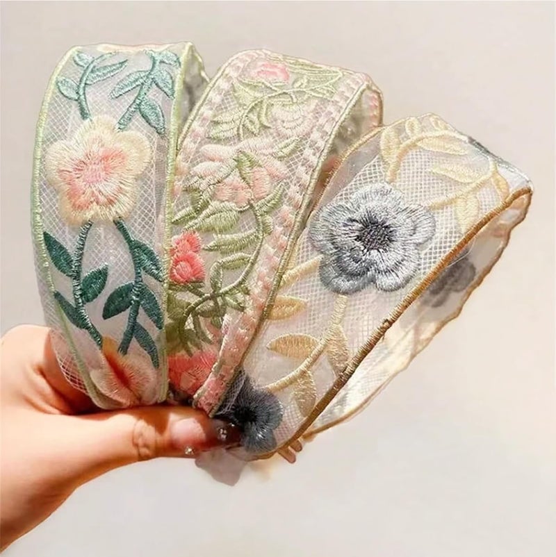Bukela 3PCS Floral Embroidery Headbands for Women and Girls - Soft Stretch Hair Accessories - Image 1
