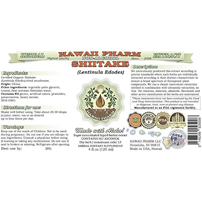 Hawaii Pharm Shiitake Alcohol-Free Liquid Extract, Professional Grade, Small Batch Crafted Shiitake (Lentinula Edodes) Dried Mushroom Glycerite Natural Herbal Supplement, 2x2 fl.oz - Image 2