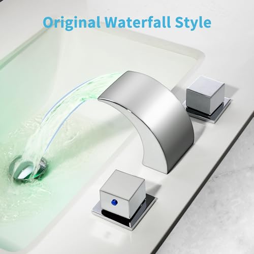 SKOWLL Polished Chrome Deck Mount Bathroom Faucet, 2 Handle Modern LED Waterfall Vanity Sink Faucet, 8 Inch Widespread Lavatroy Sink Faucets - Image 4
