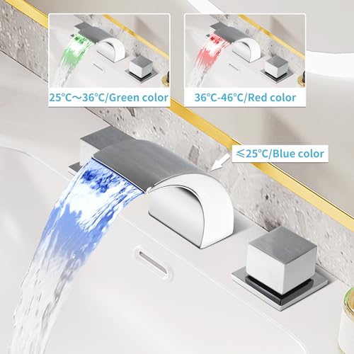 SKOWLL Polished Chrome Deck Mount Bathroom Faucet, 2 Handle Modern LED Waterfall Vanity Sink Faucet, 8 Inch Widespread Lavatroy Sink Faucets - Image 3