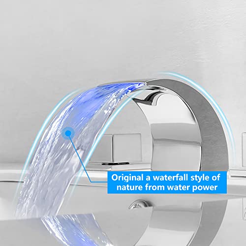 SKOWLL Polished Chrome Deck Mount Bathroom Faucet, 2 Handle Modern LED Waterfall Vanity Sink Faucet, 8 Inch Widespread Lavatroy Sink Faucets - Image 5