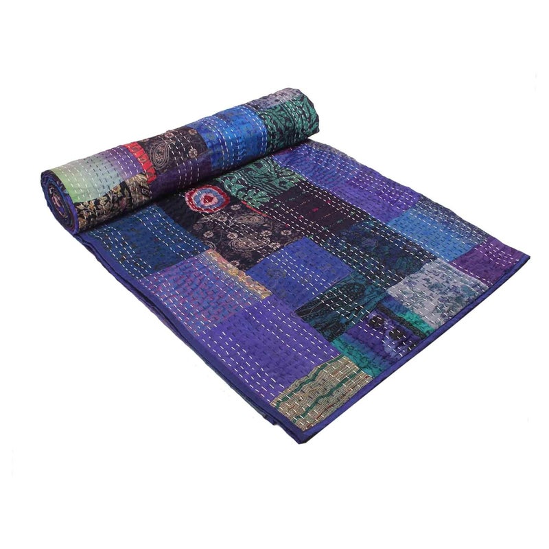 BOHEKANT Handicraft Silk Kantha Quilt Kantha Bed Cover Handmade Kantha Bedspread Kantha Blanket Throw010 Queen 90x108 inches Double Bed - Image 2