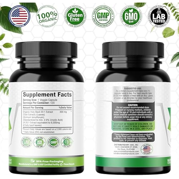 SMSHEALTHPRODUCTS.com Organic Holy Basil 20:1 Extract, Max Potency, 2.5% Ursolic Acid, 120 Vegan Capsules, 4-Month Supply, Concentrated & Standardized 20X Tulsi Extract, 100% Certified Organic, Non-GMO - Image 3