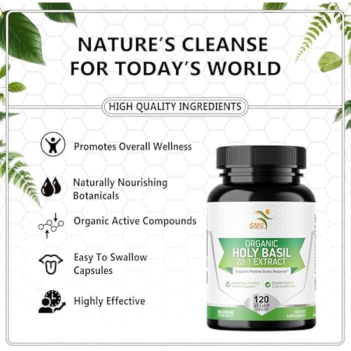SMSHEALTHPRODUCTS.com Organic Holy Basil 20:1 Extract, Max Potency, 2.5% Ursolic Acid, 120 Vegan Capsules, 4-Month Supply, Concentrated & Standardized 20X Tulsi Extract, 100% Certified Organic, Non-GMO - Image 2