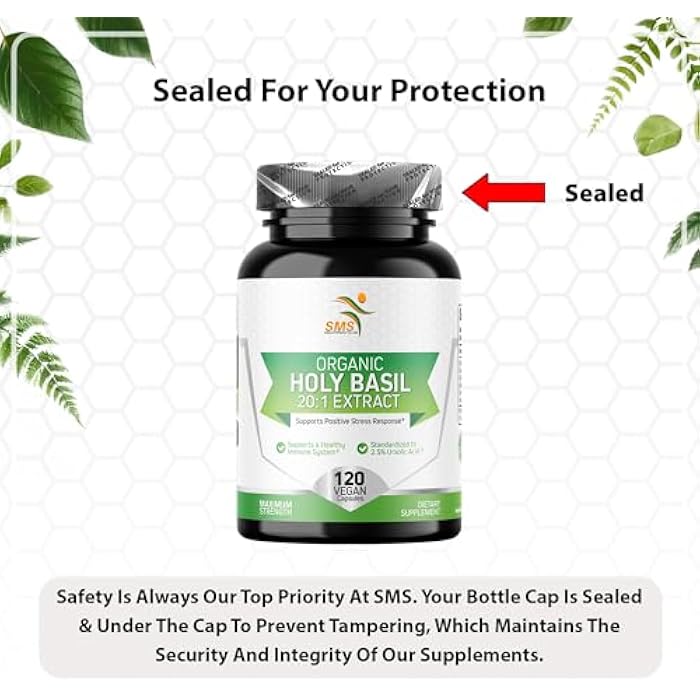 SMSHEALTHPRODUCTS.com Organic Holy Basil 20:1 Extract, Max Potency, 2.5% Ursolic Acid, 120 Vegan Capsules, 4-Month Supply, Concentrated & Standardized 20X Tulsi Extract, 100% Certified Organic, Non-GMO - Image 4