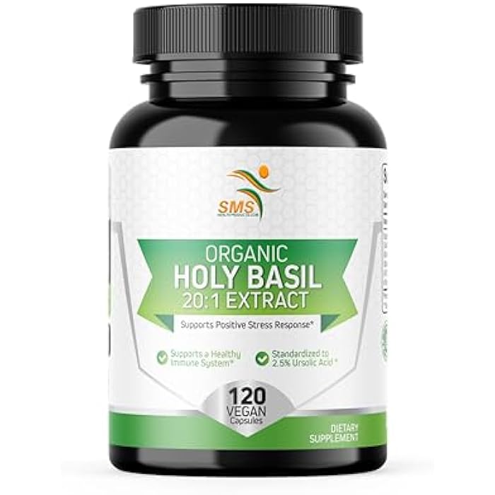 SMSHEALTHPRODUCTS.com Organic Holy Basil 20:1 Extract, Max Potency, 2.5% Ursolic Acid, 120 Vegan Capsules, 4-Month Supply, Concentrated & Standardized 20X Tulsi Extract, 100% Certified Organic, Non-GMO - Image 1