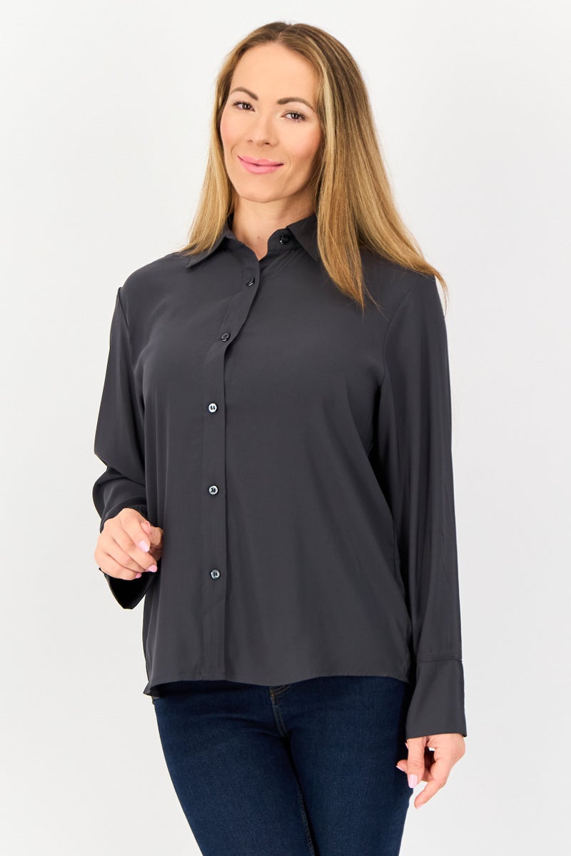 bebe قميص نسائي بأكمام طويلة وياقة مدببة، رمادي داكن - Image 1