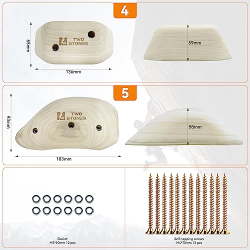 TWO STONES Wooden Rock Climbing Holds for Adults | Wood Rock Wall Climbing Holds | Variety Screw On Climbing Hold Grips Set with Mounting Hardware (HD5in1-B) - Image 3