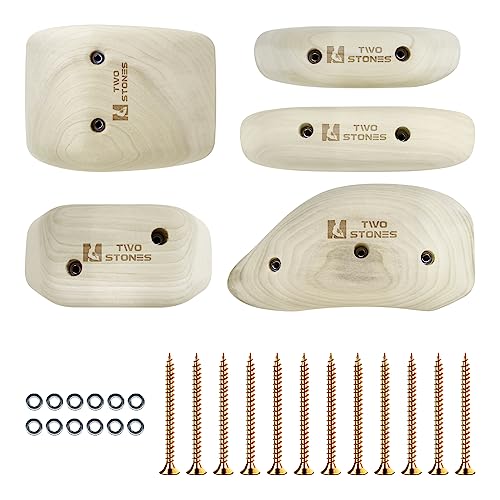 TWO STONES Wooden Rock Climbing Holds for Adults | Wood Rock Wall Climbing Holds | Variety Screw On Climbing Hold Grips Set with Mounting Hardware (HD5in1-B) - Image 1