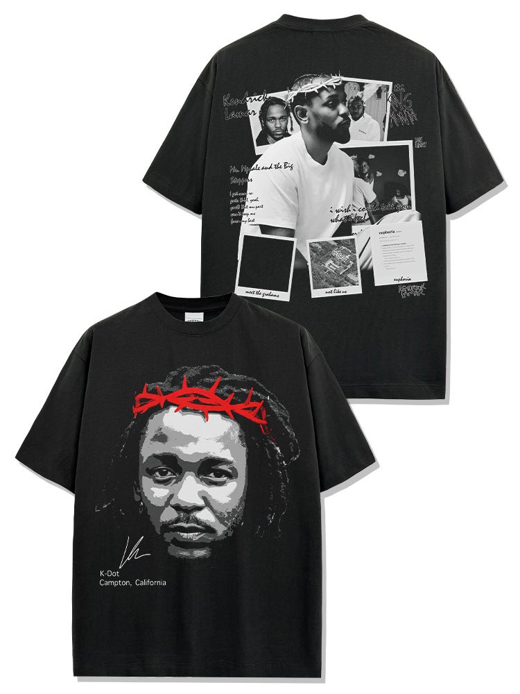 Retro American K. Dot Kenny Kendrick Printed Washed Short Sleeve T-Shirt Heavy Cotton T - Image 3