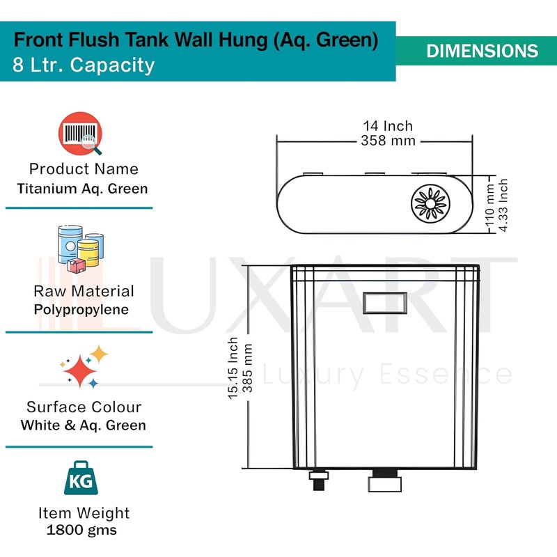 LUXART 8 LTR Single Flush Tank Aqua Green Polypropylene Tank for Toilet Slim Wall Mounted Cistern Front Push Button Flushing Tank with Air Freshener Complete Set 355L x 11W x 385H CM - Image 4
