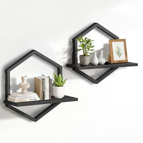 KALYLOC Floating Shelves for Wall, Hanging Shelves Wall Shelf for Plants, Decorative Wall Mounted Shelves for Living Room Bedroom Bathroom Home Office Kitchen, Black Wood Set of 2 - Image 1
