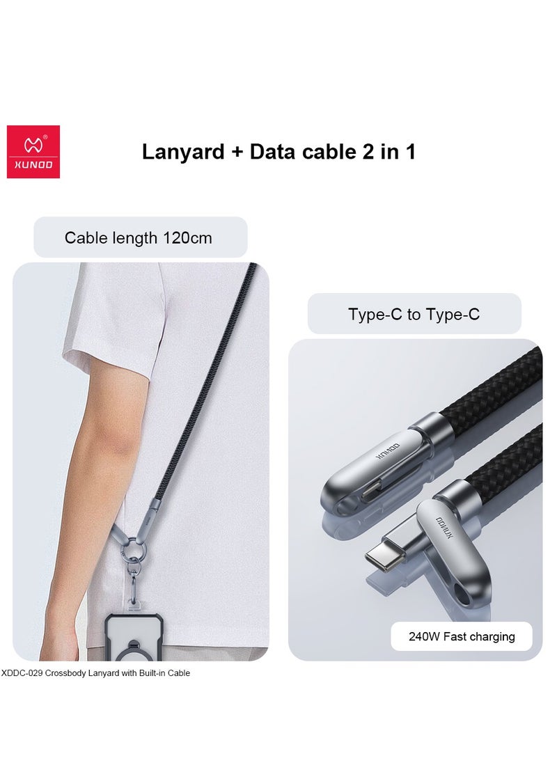 إكسوند حزام كتف XUNDD مع كابل مدمج (USB-C إلى USB-C) للشحن بقوة 240W، حزام عنق للجسم متوافق مع iPhone 16 Pro Max، Samsung S25 Ultra، iPhone 15 Pro Max، وغيرها (1.2 متر) (أسود)  - Image 5