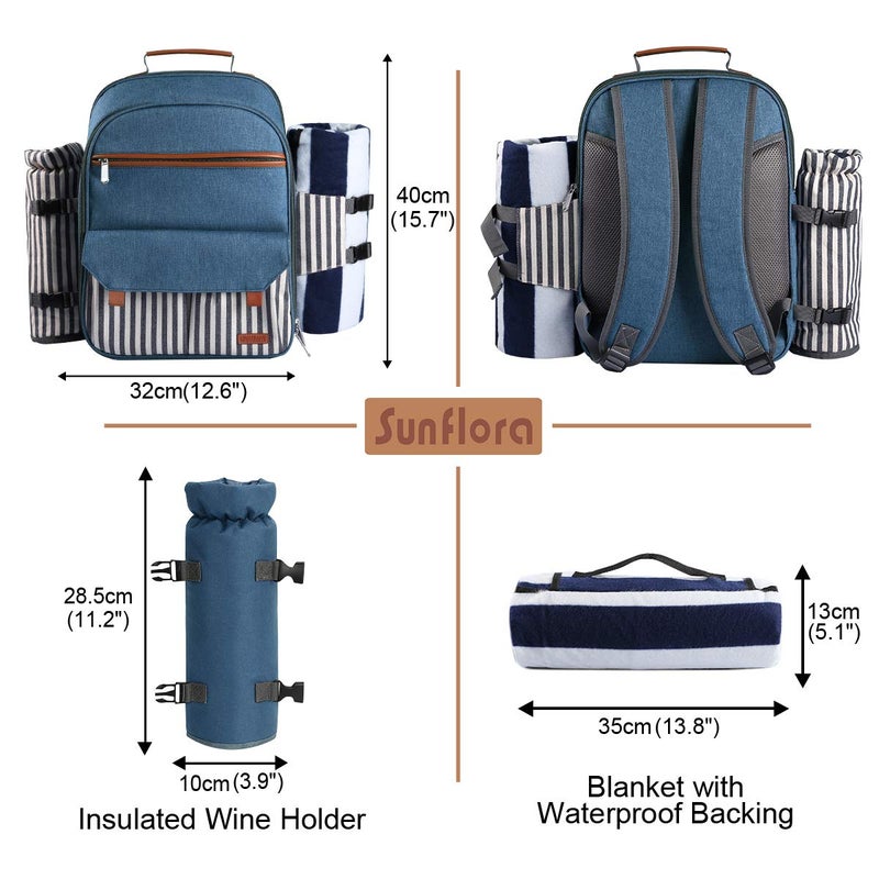 Sunflora Picnic Backpack for 4 Person Set Pack with Insulated Waterproof Pouch for Family Outdoor Camping(Blue & Stripe) - Image 3