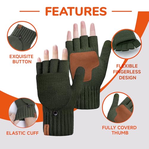 Doyesiee Winter Fingerless Gloves for Women Men Warm Knitted Convertible Mittens With Finger Flaps Fleece Women's Mittens (Army Green, One Size) - Image 5
