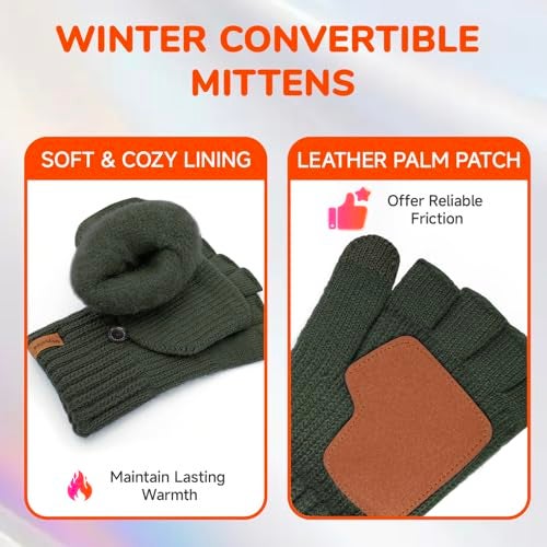 Doyesiee Winter Fingerless Gloves for Women Men Warm Knitted Convertible Mittens With Finger Flaps Fleece Women's Mittens (Army Green, One Size) - Image 4