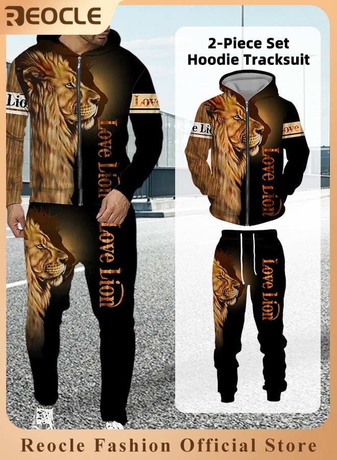 REOCLE Men's 2 Pcs Hoodie Set Sweatshirt Suit 3D Printed Long Sleeve Hoodie with Zipper Trackpant Casual Suit - Image 1