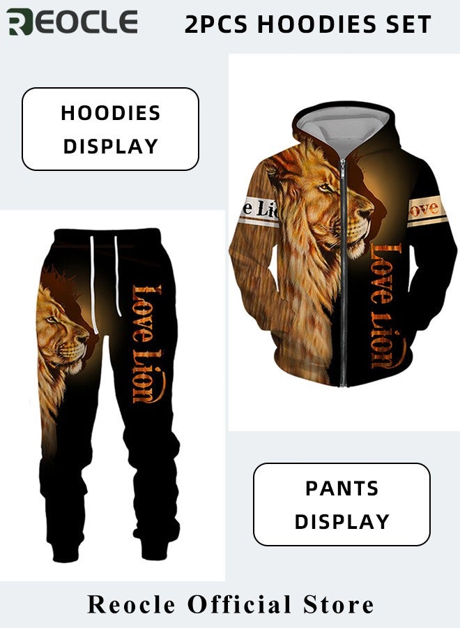 REOCLE Men's 2 Pcs Hoodie Set Sweatshirt Suit 3D Printed Long Sleeve Hoodie with Zipper Trackpant Casual Suit - Image 3