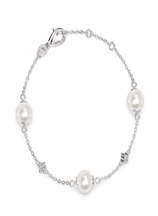 LeCalla 925 Sterling Silver CZ Pearl Station Bracelet for Women - Image 3