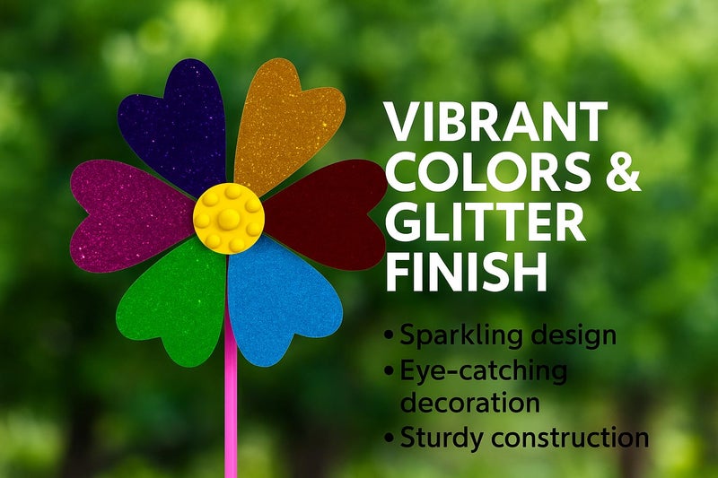 SSKR Pack of 2 Pcs Colorful Wind Fan for Kids | 6 Petals Glitter Wind Spinner | 15 Inch Multicolor Windmill Toy | Outdoor Garden Decor Fan | No Batteries Needed – Spins Naturally with Wind - Image 5
