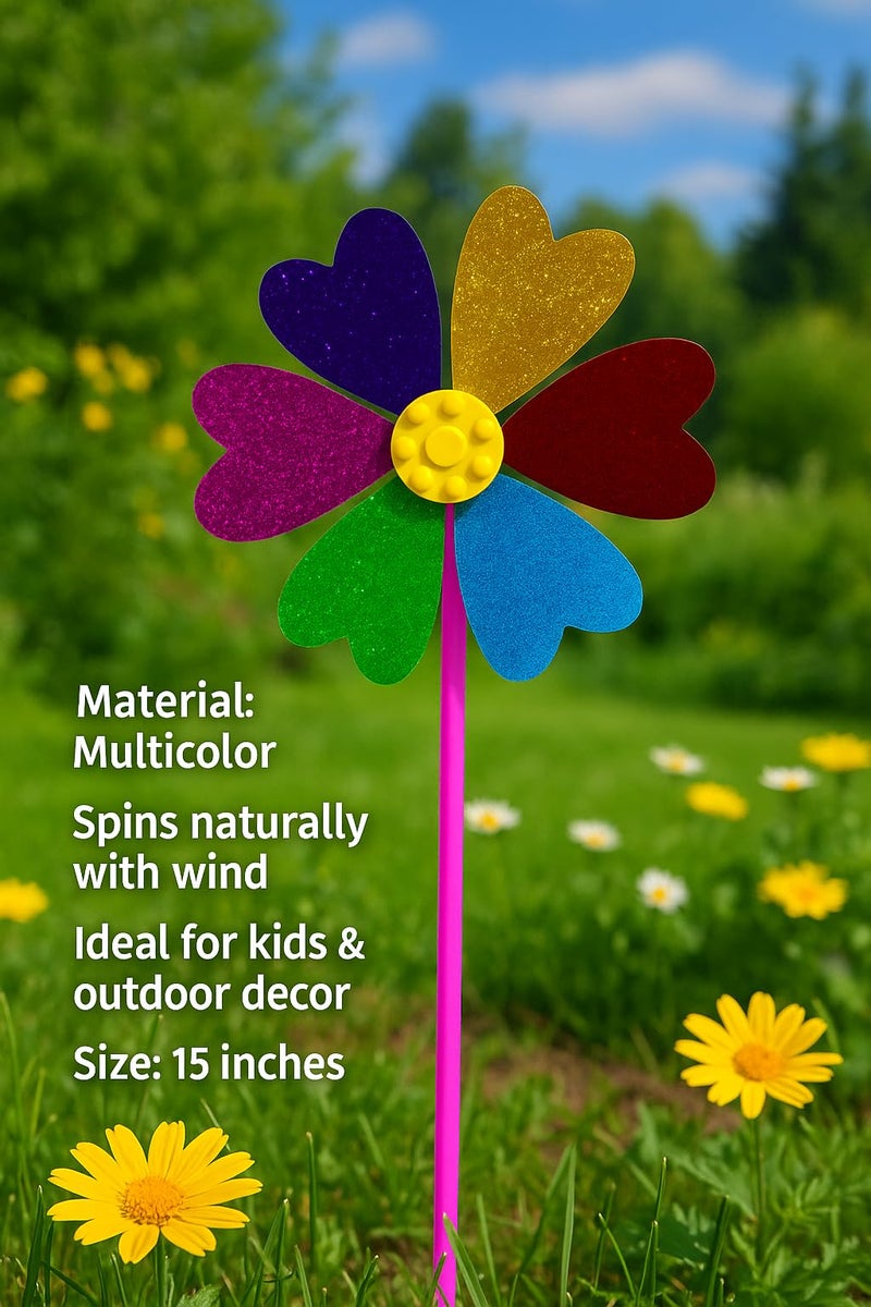 SSKR Pack of 2 Pcs Colorful Wind Fan for Kids | 6 Petals Glitter Wind Spinner | 15 Inch Multicolor Windmill Toy | Outdoor Garden Decor Fan | No Batteries Needed – Spins Naturally with Wind - Image 2