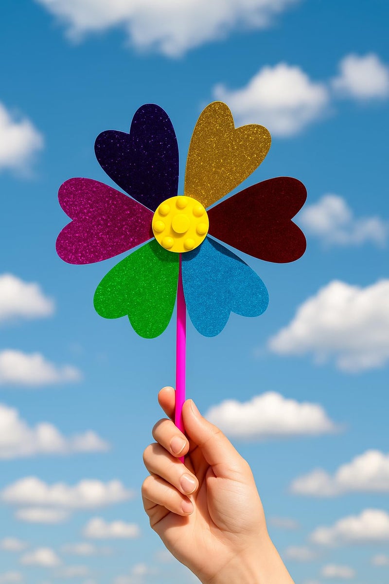 SSKR Pack of 2 Pcs Colorful Wind Fan for Kids | 6 Petals Glitter Wind Spinner | 15 Inch Multicolor Windmill Toy | Outdoor Garden Decor Fan | No Batteries Needed – Spins Naturally with Wind - Image 4