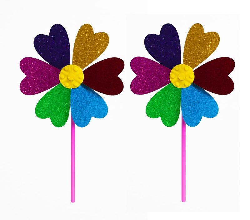 SSKR Pack of 2 Pcs Colorful Wind Fan for Kids | 6 Petals Glitter Wind Spinner | 15 Inch Multicolor Windmill Toy | Outdoor Garden Decor Fan | No Batteries Needed – Spins Naturally with Wind - Image 1
