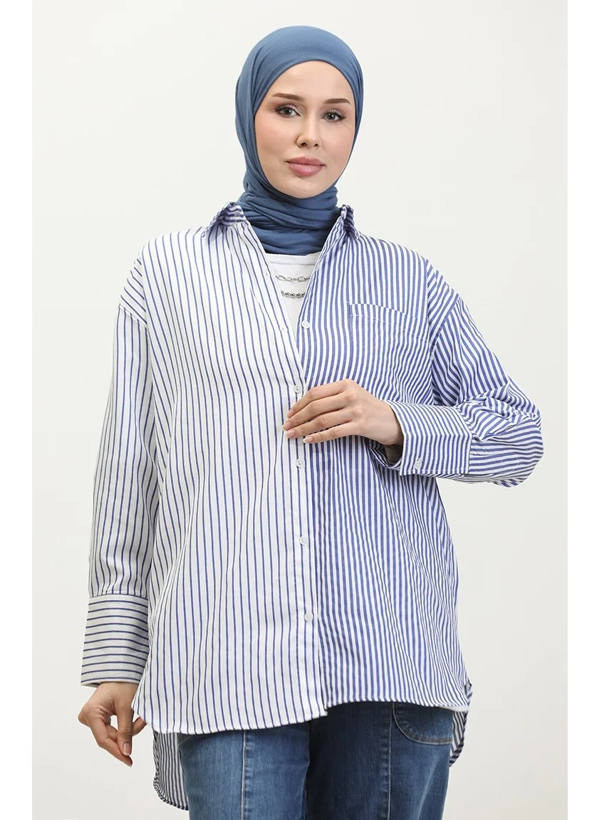 Sefa Merve Garnished Striped Shirt 4809-01 Saxe