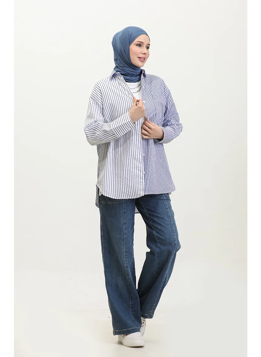 Sefa Merve Garnished Striped Shirt 4809-01 Saxe