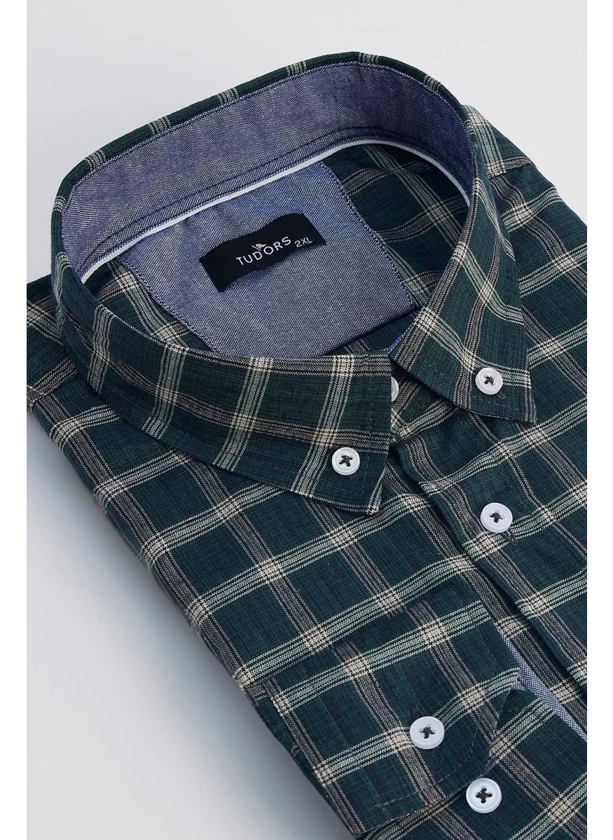 Tudors Men's Big Size Large Size Cotton Small Plaid Button-Down Collar Shirt