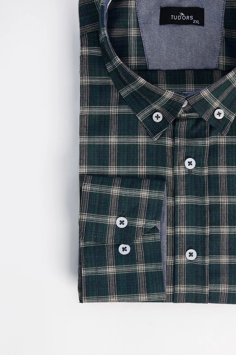 Tudors Men's Big Size Large Size Cotton Small Plaid Button-Down Collar Shirt