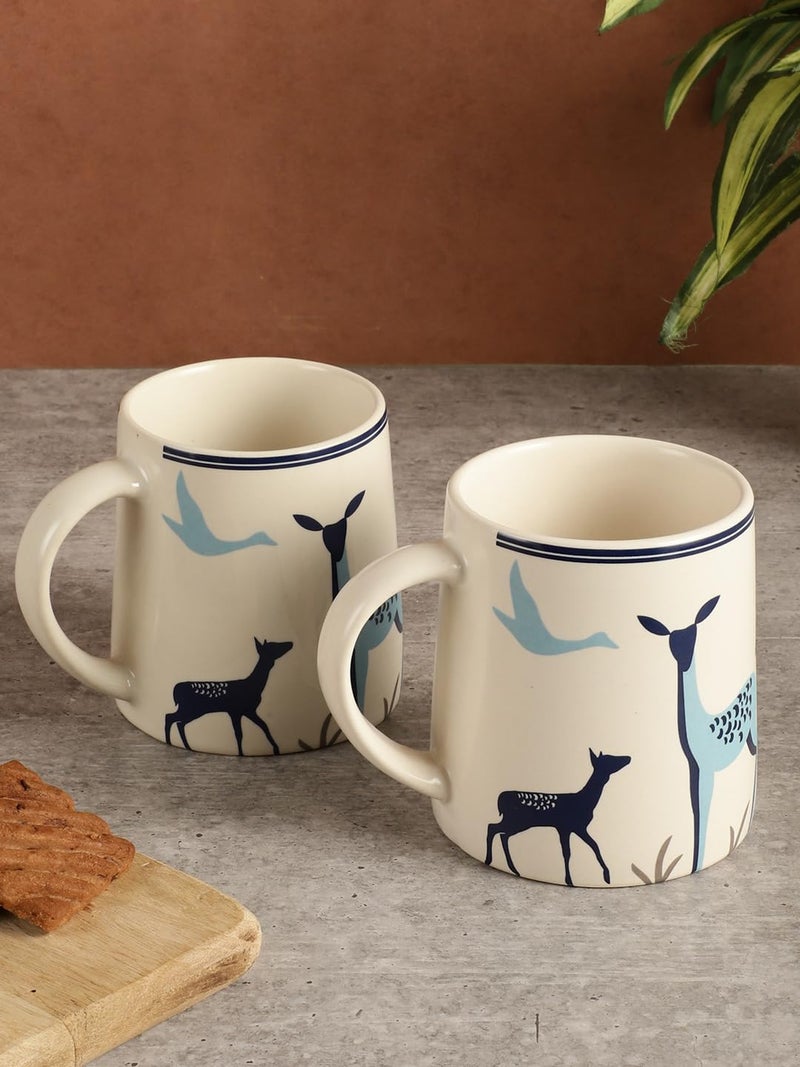 miah decor Ceramic Tea Coffee Cups Set of 2 Matte Printed Small Chai Mug Set of 2 Drinkware Microwave Safe for Home & Restaurant-350 ml-Color- Cream Blue - Image 1