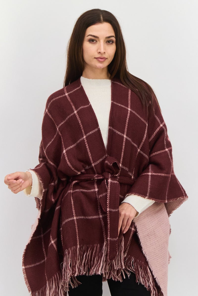 HALSTON Women Checkered Belted Poncho Sweater, Maroon  - Image 1