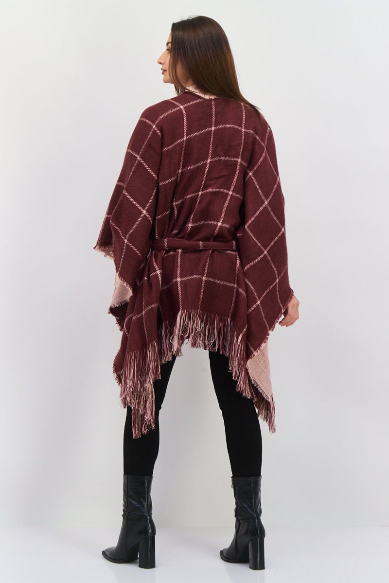 HALSTON Women Checkered Belted Poncho Sweater, Maroon - Image 5