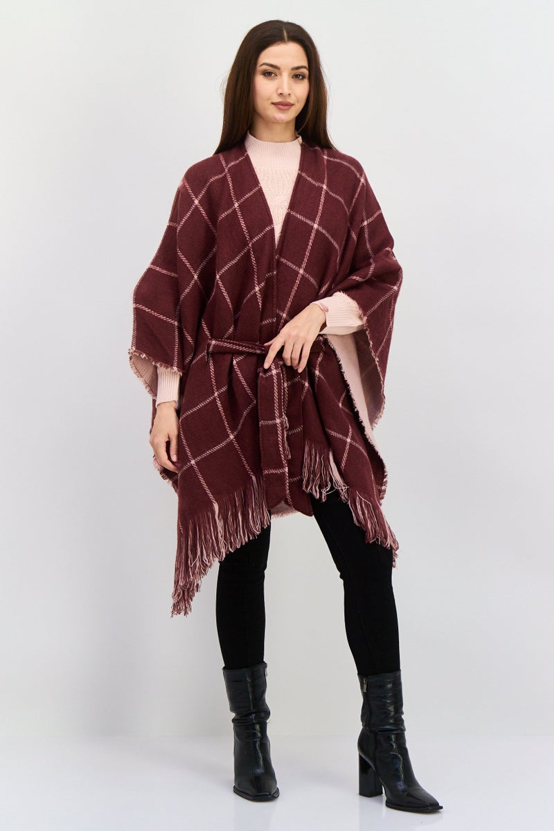 HALSTON Women Checkered Belted Poncho Sweater, Maroon - Image 3