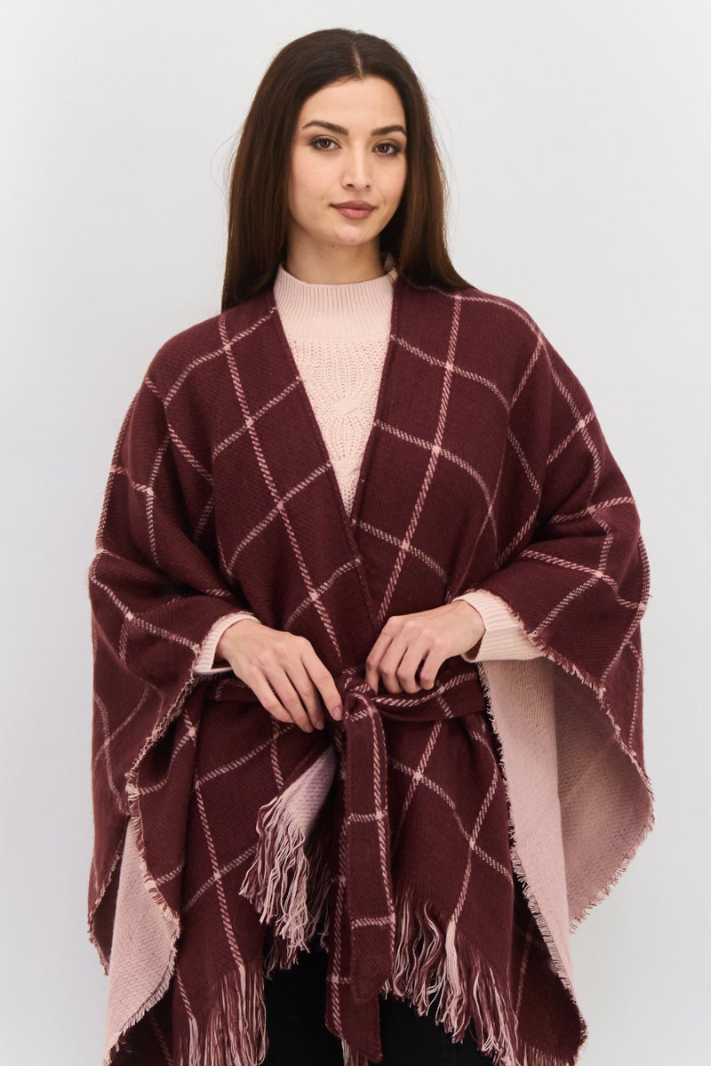 HALSTON Women Checkered Belted Poncho Sweater, Maroon - Image 2