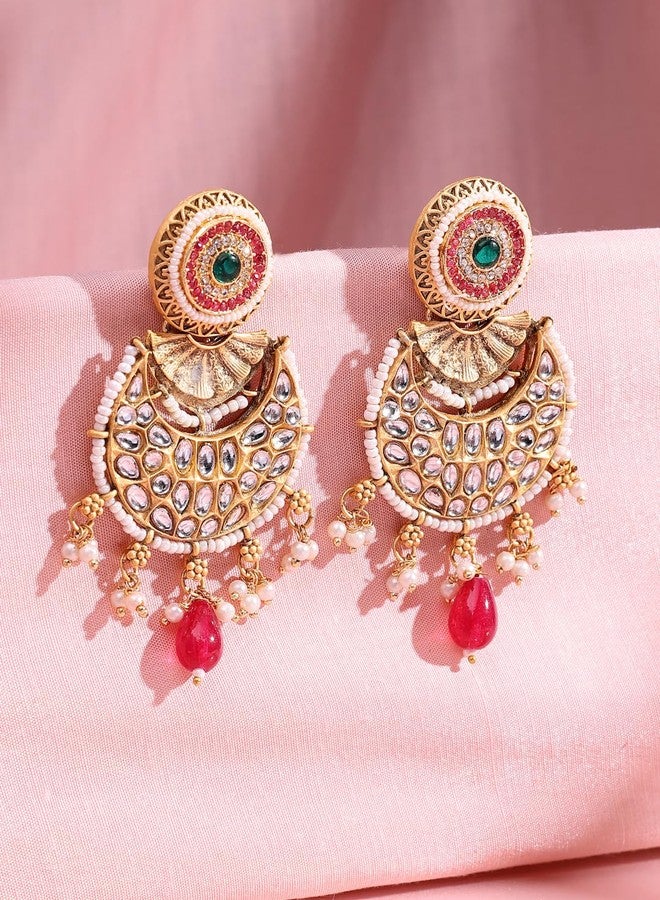 ADIVA 22K Gold-plated Kundan Stock and Beads Meenakari Designer Bid Drop Earrings Set for women, Traditional Stylish Jhumka for Girls Party, Wedding, Festive - Image 4
