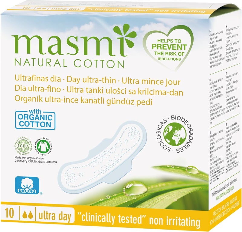 Masmi Organic Ultra Thin Day Pads with Wings Individually Wrapped Certified Organic Cotton Hypoallergenic Biodegradable Perfume Viscose Rayon Chlorine and Dioxin Free Single Pack - Image 1