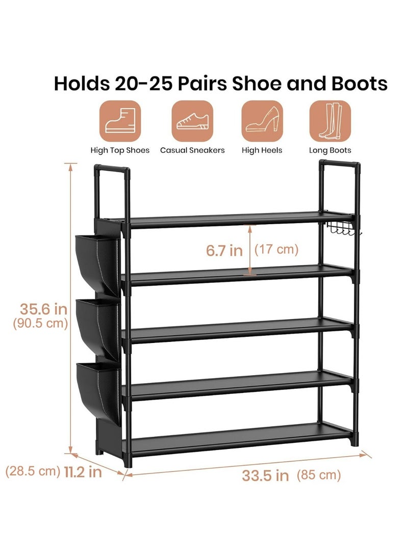 ZIMNEST 5 Tier Shoe Rack with Hooks and Side Pockets, Space-Saving Storage for 20-25 Pairs, Sturdy Freestanding Organizer for Closet, Entryway, Small Spaces - Image 3