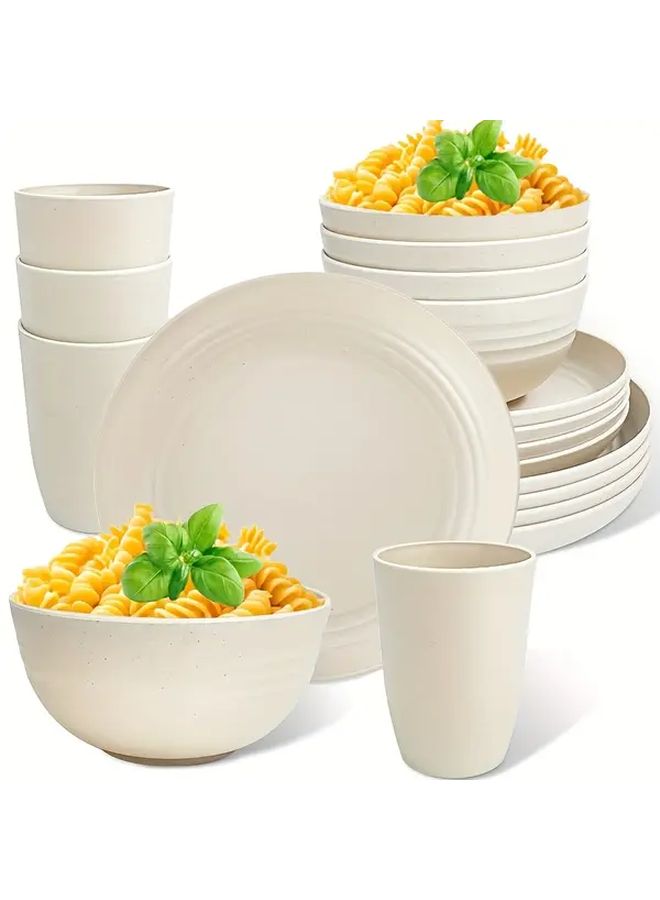 Beige Plastic Cutlery Set 4 Piece Cup Bowl Plate Microwave Dishwasher Safe - Image 1