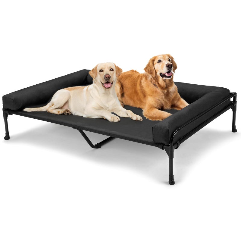 Veehoo Elevated Raised Dog Bed-Cooling Outdoor Dog Cot Bed for Large Sized Dogs Three-Sided Fence Raised Pet Cot with Mesh & No-Slip Feet Dog Hammock Bed with Removable Bolster-47 x 29" Black - Image 1